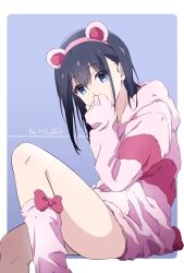 Rule 34 | 1girl, animal ears, bear ears, black hair, blue background, blue eyes, border, bow, bow legwear, commentary, covering own mouth, dated, fake animal ears, feet out of frame, from side, hair between eyes, hairband, hand to own mouth, hand up, head tilt, highres, hood, hood down, hoodie, hunched over, invisible chair, knee up, long hair, looking at viewer, monai-chan (nii manabu), nii manabu, no pants, original, outside border, oversized clothes, pink hairband, pink hoodie, pink socks, red bow, sidelocks, signature, simple background, single horizontal stripe, single stripe, sitting, sleeves past wrists, socks, solo, thighs, white border