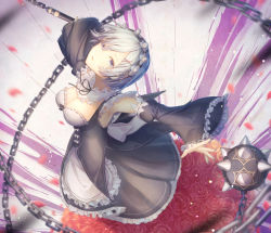 Rule 34 | 1girl, absurdres, apron, armpits, black ribbon, black skirt, black sleeves, breasts, chain, cleavage, detached collar, detached sleeves, flail, flower, frilled apron, frilled skirt, frilled sleeves, frills, from above, full body, hair flower, hair ornament, head wreath, highres, holding, holding weapon, huge filesize, long skirt, long sleeves, making-of available, medium breasts, morning star, motion blur, neck ribbon, re:zero kara hajimeru isekai seikatsu, red flower, red rose, rem (re:zero), ribbon, rose, short hair, silver hair, skirt, solo, suzuna (fkpw5754), waist apron, weapon, white apron, white flower, x hair ornament