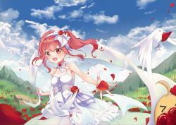 Rule 34 | 1girl, :d, absurdres, azur lane, bird, blue sky, breasts, bridal veil, chick, chou (1092086648), cleavage, cloud, cloudy sky, collarbone, commentary request, dove, dress, falling petals, field, flower, flower field, frilled dress, frills, hair between eyes, hairband, highres, long hair, looking at viewer, manjuu (azur lane), official alternate costume, open mouth, petals, reaching, reaching towards viewer, red eyes, red flower, red hair, red rose, rose, saratoga (azur lane), saratoga (ring the bell of joy) (azur lane), sidelocks, sky, sleeveless, smile, spaghetti strap, twintails, veil, wedding dress, white dress