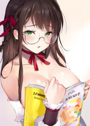 Rule 34 | 1girl, aimee (emi), bad id, bad pixiv id, blush, book, braid, breasts, cleavage, collarbone, commentary, convenient censoring, detached sleeves, frilled sleeves, frills, glasses, gradient background, green eyes, hair ribbon, holding, holding book, large breasts, long hair, long sleeves, looking at viewer, md5 mismatch, neck ribbon, open book, original, parted lips, pink lips, red ribbon, resolution mismatch, revision, ribbon, rimless eyewear, round eyewear, shoujo kakumei utena, side braid, solo, symbol-only commentary, topless, upper body, white sleeves