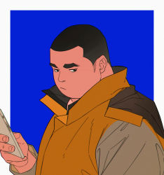 Rule 34 | 1boy, :/, black hair, buzz cut, casual, collared shirt, fat, fat man, from side, highres, holding, holding phone, looking at viewer, lovesheng1314, male focus, original, phone, portrait, realistic, shirt, short hair, simple background, solo, thick eyebrows, upper body, very short hair