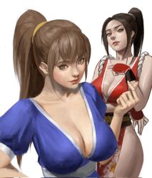 bangku_an blue_dress breasts brown_eyes brown_hair cleavage dead_or_alive dress heart heart_hands kasumi_(doa) large_breasts ninja obi ponytail red_dress ribbon sash shiranui_mai the_king_of_fighters yellow_ribbon