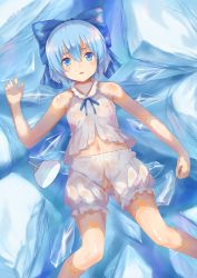 Rule 34 | 1girl, bad id, bad pixiv id, bloomers, blue eyes, blue hair, breasts, cirno, covered erect nipples, crotchless, crotchless bloomers, crotchless panties, hand fan, ice, ice wings, lying, matching hair/eyes, navel, on back, open mouth, panties, partially submerged, pussy, see-through, shirt, sleeveless, sleeveless shirt, small breasts, solo, touhou, uncensored, underwear, underwear only, wet, wet clothes, wet shirt, white bloomers, wings, yizhirenben