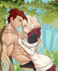 Rule 34 | 1boy, 1girl, abs, against tree, blonde hair, blue eyes, blush, breast on chest, breast press, day, dress, earmuffs, eye contact, face-to-face, forest, from side, hetero, hug, kawa-v, kazan (kawa-v), leiko (kawa-v), long hair, looking at another, muscular, nature, nose blush, original, outdoors, red eyes, red hair, ribbed sweater, scarf, topless male, sleeves past wrists, sweater, sweater dress, tree