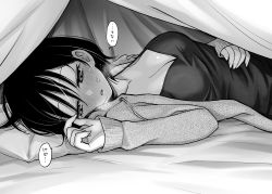 Rule 34 | 1girl, bed sheet, blush, breasts, breath, camisole, cleavage, commentary, dojirou, eyelashes, greyscale, hair between eyes, half-closed eyes, heavy breathing, highres, jacket, lifting covers, long sleeves, looking down, lying, medium breasts, monochrome, monochrome, on side, open clothes, open jacket, original, parted lips, short hair, sleeves past wrists, solo, spaghetti strap, speech bubble, sweatdrop, translated, under covers, upper body