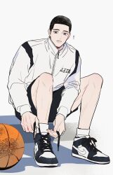 Rule 34 | 1boy, absurdres, ball, basketball (object), black eyes, black hair, black shorts, buzz cut, fukatsu kazunari, full body, grey background, highres, jacket, korean text, looking at viewer, male focus, nike (company), parted lips, shadow, shoes, short hair, shorts, simple background, sitting, slam dunk (series), sneakers, solo, track jacket, translation request, two-tone footwear, tying footwear, very short hair, white jacket, xktnjrxgvdrd3hy