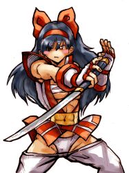 Rule 34 | 1girl, absurdres, ainu clothes, blue hair, breasts, brown eyes, cleavage, fighting stance, fingerless gloves, gloves, hair over one eye, hair ribbon, highres, japanese clothes, large breasts, legs, long hair, looking at viewer, nakoruru, open clothes, panties, pants, ribbon, samurai spirits, sarashi, serious, snk, solo, the king of fighters, thighs, underboob, underwear, weapon