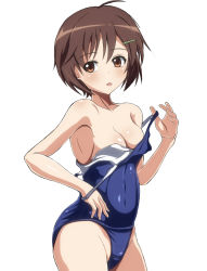 Rule 34 | 10s, 1girl, :o, ahoge, armpits, arobiro, bad id, bad pixiv id, blue one-piece swimsuit, blush, brave witches, breasts, brown eyes, brown hair, cleavage, clothes pull, cowboy shot, from side, groin, hair ornament, hairclip, highleg, highleg swimsuit, karibuchi hikari, looking at viewer, old school swimsuit, one-piece swimsuit, one-piece swimsuit pull, open mouth, pulled by self, school swimsuit, short hair, simple background, small breasts, solo, strap pull, surprised, swimsuit, undressing, white background, world witches series