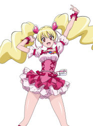 Rule 34 | 1girl, :d, absurdres, anime coloring, arm up, blonde hair, bow, bustier, choker, collarbone, cure peach, damascus (dearigazu2001), earrings, floating hair, fresh precure!, hair between eyes, hair ornament, heart, heart earrings, heart hair ornament, highres, jewelry, long hair, looking at viewer, miniskirt, momozono love, open mouth, pink shirt, precure, red bow, red choker, red eyes, shiny skin, shirt, short sleeves, simple background, skirt, smile, solo, standing, very long hair, white background, white skirt, wrist bow