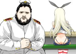 Rule 34 | 1boy, 1girl, admiral (kancolle), animal ears, ass, bad id, bad pixiv id, beard, bench, black eyes, black hair, blonde hair, butt crack, buttons, commentary request, crop top, downpants, elbow gloves, facial hair, facing away, fake animal ears, fat, fat man, from behind, gloves, grand prix richmond crackstyle (meme), hat, highleg, highleg panties, jacket, kantai collection, long hair, long sleeves, looking at viewer, magic: the gathering, meme, microskirt, military, military uniform, mini hat, mono (moiky), own hands together, panties, parody, pleated skirt, rabbit ears, real life, serious, shimakaze (kancolle), shirt, simple background, sitting, skirt, sleeveless, sleeveless shirt, striped clothes, striped thighhighs, table, thighhighs, thong, underwear, uniform, whale tail (clothing), white background, white jacket