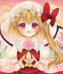 Rule 34 | 1girl, :d, ascot, blush, bow, breasts, crystal, flandre scarlet, flower, flower request, frilled shirt collar, frills, happy, hat, hat bow, highres, holding, holding flower, looking at viewer, mob cap, one side up, open mouth, own hands clasped, own hands together, pink background, pink flower, puffy short sleeves, puffy sleeves, red bow, red skirt, red vest, short hair with long locks, short sleeves, simple background, skirt, skirt set, small breasts, smile, solo, touhou, upper body, vest, wings, wrist cuffs, yellow ascot, yuuki hana (jtnp5334)