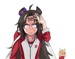 Rule 34 | 2girls, ahoge, angry, biting own lip, blonde hair, bow, bright pupils, brown eyes, brown hair, closed jacket, commentary, dilated pupils, ear bow, ear covers, ear ornament, forehead writing, fukuro (maruaru00), furious, genderswap, genderswap (mtf), hand on own head, highres, jacket, light brown hair, long hair, multiple girls, narita top road (umamusume), nervous sweating, original, personification, prank, purple bow, red jacket, ribbon, sanpaku, school emblem, simple background, single ear cover, stay gold (racehorse), sweat, tic-tac-toe, track jacket, umamusume, veins, white background, white ribbon
