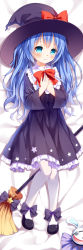 Rule 34 | 1girl, bed sheet, black dress, black footwear, black hat, blue eyes, blue hair, blush, bow, bowtie, broom, closed mouth, collar, commentary request, dakimakura (medium), date a live, dress, frilled collar, frilled dress, frills, full body, hair between eyes, hand puppet, hands on own chest, hat, hat bow, long hair, looking at viewer, lying, on back, pantyhose, print dress, puppet, purple bow, red bow, red bowtie, shoes, solo, star (symbol), star print, very long hair, white pantyhose, witch, witch hat, xia xiang (ozicha), yoshino (date a live), yoshinon