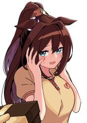 Rule 34 | 1girl, absurdres, blue eyes, blurry, blurry background, blush, box, breasts, brown hair, el condor pasa (umamusume), gift, gift box, hands on own cheeks, hands on own face, highres, long hair, looking at viewer, medium breasts, open mouth, out of frame, petoka, polo shirt, ponytail, pov, shirt, short sleeves, simple background, sweat, umamusume, upper body, valentine, wavy mouth, white background, yellow shirt