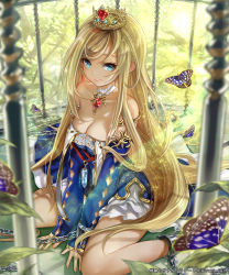 Rule 34 | 1girl, bare shoulders, blonde hair, blue eyes, blush, breasts, bug, butterfly, cage, chain, choker, cleavage, crown, cuffs, dress, earrings, female focus, highres, insect, jewelry, large breasts, leaf, long hair, looking at viewer, off shoulder, official art, pisuke, shackles, shingoku no valhalla gate, sitting, solo, thighs, very long hair, wariza
