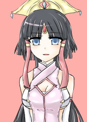 Rule 34 | 10s, 1girl, :d, bad id, bad pixiv id, bandeau, bare shoulders, black hair, blue eyes, blunt bangs, blush, breasts, cleavage, cleavage cutout, clothing cutout, cross ange, elbow gloves, forehead jewel, gloves, hair tubes, halterneck, headdress, hime cut, japanese clothes, jewelry, kimono, long hair, looking at viewer, miko, open mouth, parted bangs, pendant, ribbon trim, sala (cross ange), salamandinay, side slit, sidelocks, simple background, smile, solo, turtleneck, underboob, upper body, very long hair, white background, white gloves