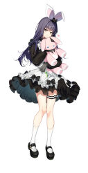 Rule 34 | 1girl, absurdres, animal ears, apron, black bow, black dress, black footwear, blue hair, bow, broken heart, closers, dark blue hair, dress, eunha (closers), expressionless, fake animal ears, frilled apron, frilled dress, frills, full body, gloves, green eyes, grey gloves, hair bow, heart, highres, holding, holding knife, holding stuffed toy, hugging object, kneehighs, knees together feet apart, knife, long hair, long sleeves, looking at viewer, mary janes, official art, puffy long sleeves, puffy sleeves, rabbit ears, shoes, short dress, socks, solo, standing, stuffed animal, stuffed rabbit, stuffed toy, tachi-e, thigh bow, thigh strap, white apron, white background, white socks