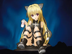 Rule 34 | 00s, :p, animal ears, blonde hair, boots, bottle, cat ears, cat tail, konjiki no yami, long hair, milk, non-web source, panties, red eyes, solo, tail, thigh strap, to love-ru, tongue, tongue out, twintails, two side up, underwear, wallpaper