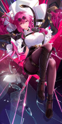 Rule 34 | 1girl, asymmetrical footwear, boots, breasts, broken glass, collared shirt, commentary, english commentary, eyewear on head, glass, gloves, highres, honkai: star rail, honkai (series), kafka (honkai: star rail), large breasts, leggings, liu liaoliao, long hair, long sleeves, looking at viewer, parted lips, purple eyes, purple footwear, purple gloves, purple hair, purple leggings, shirt, smile, solo, sunglasses, thigh boots, thighs, uneven footwear, white shirt