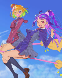 Rule 34 | 2girls, ;d, above clouds, asahina mirai, black socks, blonde hair, blue dress, blue ribbon, blue sky, bow, broom, broom riding, brown footwear, cloud, commentary, crescent, day, dress, dress shirt, flying, grey dress, hair bow, hair ornament, highres, jj (ssspulse), loafers, long hair, long sleeves, looking at viewer, lycoris recoil, lycoris uniform, mahou girls precure!, multiple girls, neck ribbon, one eye closed, one side up, open mouth, outdoors, pink eyes, pleated dress, pom pom (clothes), pom pom hair ornament, precure, purple eyes, purple hair, red bow, red dress, red ribbon, ribbon, shirt, shoes, short dress, short hair, sky, smile, socks, star (symbol), straight hair, two-tone dress, v arms, white shirt