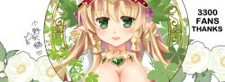 Rule 34 | 1girl, :d, artist name, blonde hair, blush, breasts, cleavage, flower, food, freyja (p&amp;d), fruit, grapes, green eyes, hat, jewelry, large breasts, leaf, long hair, lunacats, necklace, nokomakawa, open mouth, plant, pointy ears, puffy sleeves, puzzle &amp; dragons, smile, solo, thank you, thank you