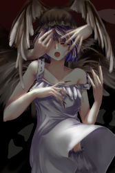 Rule 34 | 1girl, bare shoulders, blue hair, closed eyes, covering own eyes, feathers, female focus, fingernails, gradient hair, hands on another&#039;s face, hat, highres, hikarumiao, long fingernails, multicolored hair, music, mystia lorelei, nail, nail polish, nightgown, open mouth, purple hair, purple nails, red nails, short hair, singing, solo, solo focus, strap slip, touhou, wings