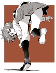 Rule 34 | 1girl, bent over, blouse, bonkara (sokuseki maou), brown background, commentary, full body, girls und panzer, greyscale, greyscale with colored background, kneepits, leg up, legs, loafers, long sleeves, looking at viewer, looking back, miniskirt, monochrome, nishizumi miho, ooarai school uniform, open mouth, outside border, partially colored, pleated skirt, school uniform, serafuku, shirt, shoes, short hair, skirt, smile, socks, solo, standing, standing on one leg
