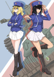 Rule 34 | absurdres, adjusting clothes, adjusting headwear, andou (girls und panzer), arl-44, bc freedom (emblem), bc freedom military uniform, black footwear, black hair, blonde hair, blue background, blue eyes, blue headwear, blue jacket, blue vest, boots, brown eyes, closed mouth, commentary request, crossed arms, dark skin, dress shirt, emblem, french commentary, frown, girls und panzer, hat, high collar, highres, huge filesize, jacket, kepi, knee boots, leg up, long sleeves, looking at viewer, medium hair, messy hair, military, military hat, military uniform, military vehicle, miniskirt, motor vehicle, multicolored background, oshida (girls und panzer), pleated skirt, pointing, red background, s35, shibainutank, shirt, silhouette, skirt, spade (shape), standing, standing on one leg, tank, uniform, vest, white shirt, white skirt