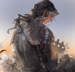 Rule 34 | 1boy, armor, black hair, blood, blood on clothes, blood on face, breastplate, brown eyes, flower, gauntlets, gradient background, grey background, highres, holding, holding reins, long hair, looking down, male focus, multicolored hair, noir (ibaraki), outdoors, parted lips, profile, rain, reins, renault (unicorn overlord), solo, streaked hair, unicorn overlord, upper body, white flower, white hair