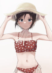 Rule 34 | 1girl, armpits, arms up, bare arms, bikini, black eyes, black hair, blush, breasts, floral print, gradient background, hair between eyes, hat, highres, idolmaster, idolmaster (classic), idolmaster 2, kikuchi makoto, looking at viewer, mogskg, navel, red bikini, short hair, side-tie bikini bottom, side-tie swimsuit, simple background, small breasts, smile, solo, straw hat, swimsuit, tankini, upper body