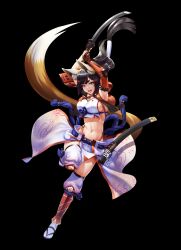 Rule 34 | 1girl, absurdres, animal ears, armor, black background, blue eyes, bracer, breasts, brown hair, detached pants, floating hair, fox ears, fox tail, greaves, highres, holding, holding sword, holding weapon, japanese armor, kagiyama (clave), katana, large breasts, long hair, navel, open mouth, original, pelvic curtain, ponytail, sandals, scabbard, sheath, simple background, solo, standing, standing on one leg, sword, tabi, tail, two-handed, weapon, white legwear