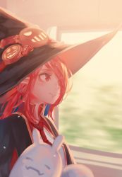Rule 34 | 1girl, blurry, blush, closed eyes, day, depth of field, dungeon and fighter, earrings, from side, hair over one eye, hat, indoors, jewelry, litra (ltr0312), long hair, low ponytail, mage (dungeon and fighter), necktie, pointy ears, profile, red eyes, red hair, red necktie, solo, window, witch, witch (dungeon and fighter), witch hat