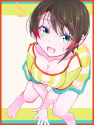 Rule 34 | 1girl, barefoot, blue eyes, blush, breasts, brown hair, cleavage, highres, hololive, large breasts, looking at viewer, oozora subaru, oozora subaru (1st costume), open mouth, qwq oekaki, shirt, short hair, smile, solo, striped clothes, striped shirt, virtual youtuber, yellow shirt