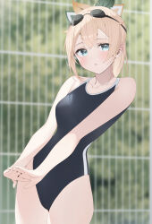 Rule 34 | 1girl, absurdres, black one-piece swimsuit, blonde hair, blue eyes, blurry, blurry background, breasts, competition school swimsuit, cowboy shot, fence, goggles, goggles on head, hair ornament, highres, hololive, kazama iroha, leaf hair ornament, looking at viewer, medium breasts, one-piece swimsuit, ponytail, ryuya, school swimsuit, short hair, solo, swimsuit, virtual youtuber