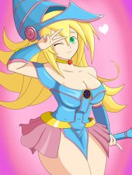 Rule 34 | 1girl, absurdres, blonde hair, breasts, cleavage, dark magician girl, green eyes, hat, heart, highres, large breasts, legs, long hair, looking at viewer, one eye closed, solo, thick thighs, thighs, v, wink, witch hat, yu-gi-oh!