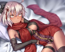 Rule 34 | 1girl, ahoge, arm guards, bad id, bad pixiv id, bed sheet, black bow, black thighhighs, blurry, blurry background, blush, bow, breasts, cleavage, cleavage cutout, closed mouth, clothing cutout, commentary request, dark-skinned female, dark skin, depth of field, dress, fate/grand order, fate (series), hair between eyes, hair bow, hair ornament, hand up, koha-ace, large breasts, looking at viewer, lying, okita souji (fate), okita souji alter (fate), okita souji alter (first ascension) (fate), pillow, red dress, red scarf, ryuinu, scarf, silver hair, solo, tassel, thighhighs, yellow eyes