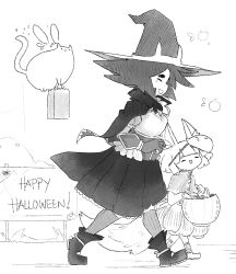 Rule 34 | 2girls, :3, :d, animal ears, boots, bubble skirt, capelet, cat, closed eyes, commentary, english text, facing viewer, flying car, fox ears, fox tail, from side, gloves, greyscale, halloween, halloween bucket, happy halloween, hat, highres, latenight, looking at viewer, mask, mask on head, monochrome, multiple girls, open mouth, original, pleated skirt, profile, shirt, short hair, simple background, skirt, smile, socks, standing, striped clothes, striped legwear, striped socks, tail, vertical-striped clothes, vertical-striped socks, walking, white background, witch, witch hat