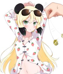 Rule 34 | 1girl, animal ears, arms behind head, arms up, black hair, blonde hair, blush, coin, collarbone, disembodied hand, dodo (bird), eggman (pixiv28975023), food print, green eyes, heart, heart-shaped pupils, highres, holed coin, hypnosis, long hair, long sleeves, looking at viewer, lying, mei-mei (murenase! shiiton gakuen), mind control, multicolored hair, murenase! shiiton gakuen, navel, on back, pajamas, panda ears, panda girl, parted lips, pendulum, solo, strawberry print, symbol-shaped pupils