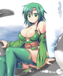 Rule 34 | 1990s (style), 1girl, boots, breasts, bursting breasts, cleavage, detached sleeves, final fantasy, final fantasy iv, green eyes, green hair, huge breasts, jewelry, legs, matching hair/eyes, morimoto kiyona, rydia (ff4), smile, solo, thigh boots, thighhighs, thighs, water