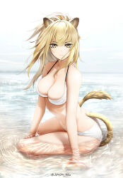 Rule 34 | 1girl, animal ears, arknights, bare shoulders, bikini, breasts, brown hair, cleavage, collarbone, commentary request, highres, large breasts, lion ears, lion girl, lion tail, long hair, looking at viewer, navel, ocean, outdoors, ponytail, seiza, siege (arknights), sitting, solo, sparkle, sparkling water, swimsuit, tail, twitter username, water, white background, white bikini, white swimsuit, yellow eyes, yokaze (yokajie)