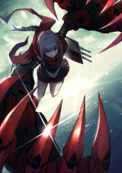 Rule 34 | 1girl, absurdres, admiral graf spee (azur lane), azur lane, backlighting, black dress, blue eyes, blunt bangs, breasts, claws, dress, expressionless, highres, huge filesize, jumping, kagerou (gigayasoma), long sleeves, looking at viewer, mechanical hands, mechanical tail, multicolored hair, outdoors, red hair, rigging, scarf, short hair, sidelocks, silver hair, small breasts, solo, streaked hair, tail
