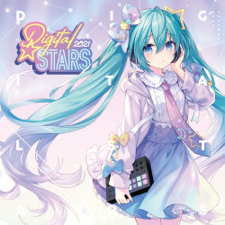 Rule 34 | aqua eyes, aqua hair, bow, crescent, crescent hair ornament, digital stars, digital stars miku, digital stars miku (2021), frilled jacket, frills, hair between eyes, hair in eyes, hair ornament, hatsune miku, headphones, highres, holographic clothing, jacket, long hair, neon lights, non-web source, overall skirt, pastel colors, pink jacket, skirt, star (symbol), star hair ornament, suspender skirt, suspenders, tsunako, twintails, very long hair, vocaloid