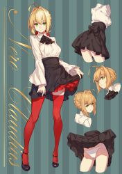 Rule 34 | 1girl, ahoge, ascot, black footwear, black skirt, blonde hair, breasts, cameltoe, character name, clothes lift, commentary request, dress shirt, expressions, fate/extra, fate/grand order, fate (series), green eyes, hair intakes, high-waist skirt, highres, huge ahoge, lifted by self, looking at viewer, medium breasts, nero claudius (fate), nero claudius (fate) (all), nero claudius (fate/extra), oneko, panties, red thighhighs, shirt, short hair, skirt, skirt lift, smile, solo, thighhighs, underwear, white panties