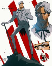 Rule 34 | 1boy, alt text, blue eyes, cane, colonel sanders, commentary, coran stone, english commentary, facial hair, formal, full body, glasses, highres, kfc, male focus, multiple views, mustache, suit, white background, white hair, white suit