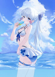 Rule 34 | 1girl, absurdres, ayaka (genshin impact), bikini, blue bikini, blue eyes, blue nails, blue ribbon, blue sky, blunt bangs, blunt tresses, breasts, chinese commentary, cleavage, cloud, cloudy sky, commentary request, cumulonimbus cloud, day, food, genshin impact, grey hair, hair ornament, hair ribbon, hand up, highres, holding, holding food, holding ice cream, ice cream, knrock, long hair, looking at viewer, looking back, o-ring, o-ring thigh strap, ocean, open mouth, outdoors, ponytail, popsicle, ribbon, sky, small breasts, solo, swimsuit, tassel, tassel hair ornament, thigh strap, wading