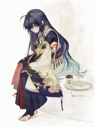 Rule 34 | 1other, ahoge, androgynous, black hair, black hakama, chaldea logo, cup, disposable cup, fate/grand order, fate/samurai remnant, fate (series), fork, gradient hair, hair down, hair intakes, hakama, highres, imomushi, japanese clothes, long hair, multicolored hair, orange eyes, plate, pout, red hakama, sitting, solo, toeless legwear, translated, tray, very long hair, white hair, yamato takeru (fate), yamato takeru (third ascencion) (fate)