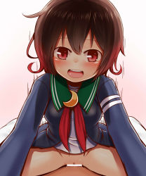Rule 34 | 10s, 1boy, 1girl, blush, bottomless, breasts, brown eyes, brown hair, cardigan, censored, cowgirl position, girl on top, gradient background, hetero, highres, kantai collection, medium breasts, mutsuki (kancolle), open mouth, pussy, rantana (lalalalackluster), red hair, remodel (kantai collection), school uniform, sex, short hair, smile, solo focus, straddling, sweat, vaginal