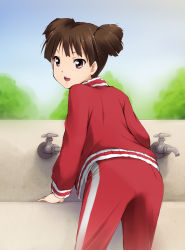Rule 34 | 1girl, blurry, brown hair, day, depth of field, drinking fountain, from behind, k-on!, kaiga, leaning forward, looking back, open mouth, pantylines, purple eyes, round teeth, see-through, short hair, sky, solo, suzuki jun, teeth, track suit, tree, twintails