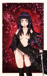 Rule 34 | 1girl, armpits, artist name, bare shoulders, black coat, black footwear, black hair, black sleeves, boots, border, breasts, cleavage, closed mouth, coat, collarbone, detached sleeves, determined, eyebrows, female focus, gradient background, hand on own hip, highres, hime cut, holding, holding sword, holding weapon, hyuuga hinata, katana, knee boots, legs, long hair, looking at viewer, medium breasts, naruto (series), naruto shippuuden, navel, neck, no bra, no pupils, panties, pink eyes, pink panties, red background, revealing clothes, serious, shiny skin, standing, sword, theafroboy, thighs, underwear, v-shaped eyebrows, weapon, white border