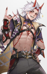 Rule 34 | 1boy, \n/, abs, absurdres, arataki itto, belt, black nails, candy, commentary, daefny, ear piercing, english commentary, fangs, food, genshin impact, hand on own hip, highres, horns, lollipop, long hair, looking at viewer, male focus, mouth hold, multicolored hair, open mouth, pants, pectorals, piercing, red eyes, red hair, red horns, simple background, solo, sparkle, tassel, toned, toned male, vision (genshin impact), white hair